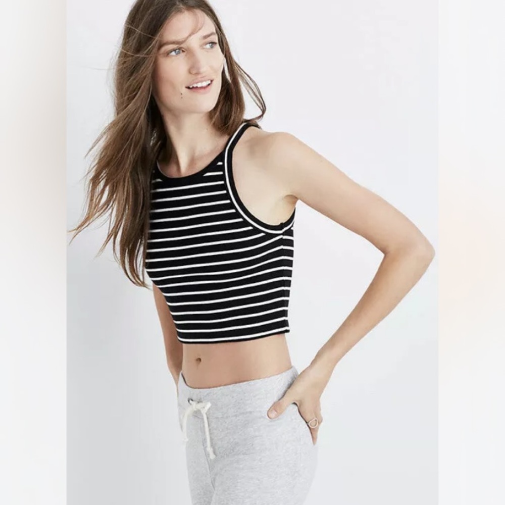 Madewell Crop Tank Top in Gabi Stripe Black And White Racerback Size XXS